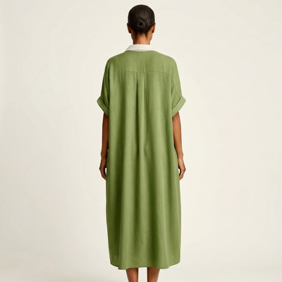 Kamira Contrast-Collar Maxi Shirt Dress with Button-Front and Short Sleeves