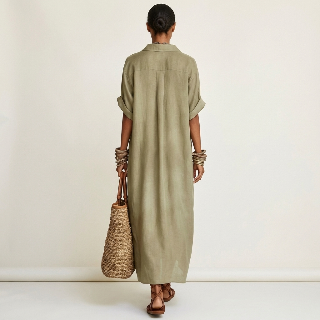 Kamira Contrast-Collar Maxi Shirt Dress with Button-Front and Short Sleeves