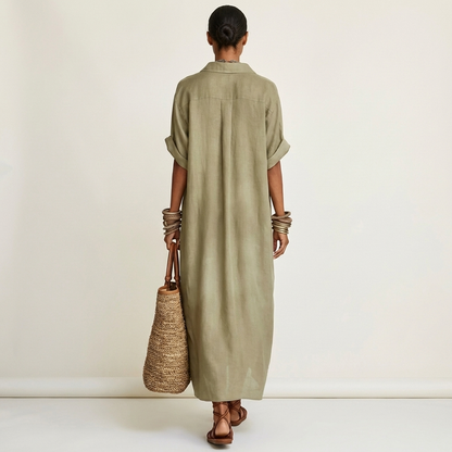 Kamira Contrast-Collar Maxi Shirt Dress with Button-Front and Short Sleeves