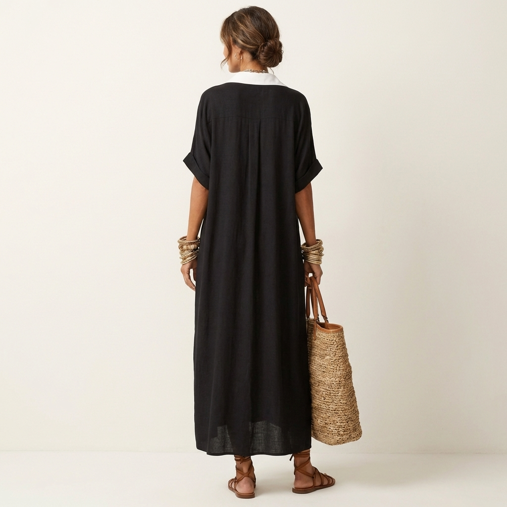 Kamira Contrast-Collar Maxi Shirt Dress with Button-Front and Short Sleeves