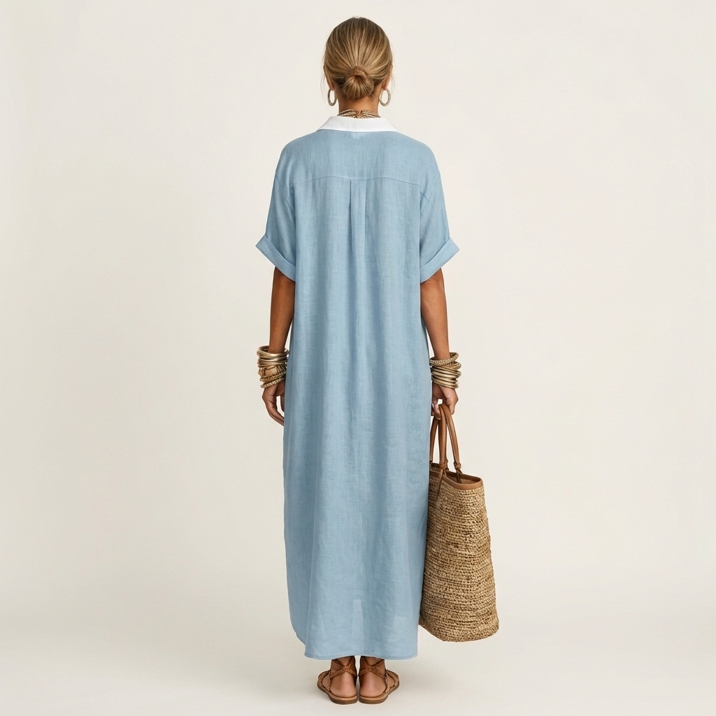 Kamira Contrast-Collar Maxi Shirt Dress with Button-Front and Short Sleeves