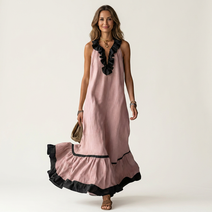 Mayline Sleeveless Maxi Dress with Ruffle-Neckline and Contrast Trim