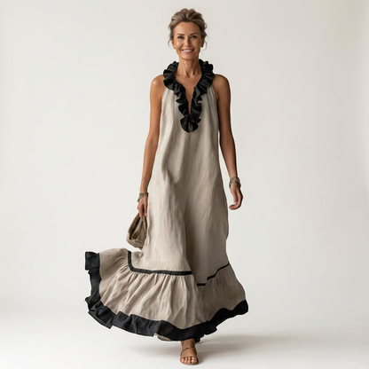 Mayline Sleeveless Maxi Dress with Ruffle-Neckline and Contrast Trim