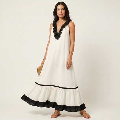 Mayline Sleeveless Maxi Dress with Ruffle-Neckline and Contrast Trim