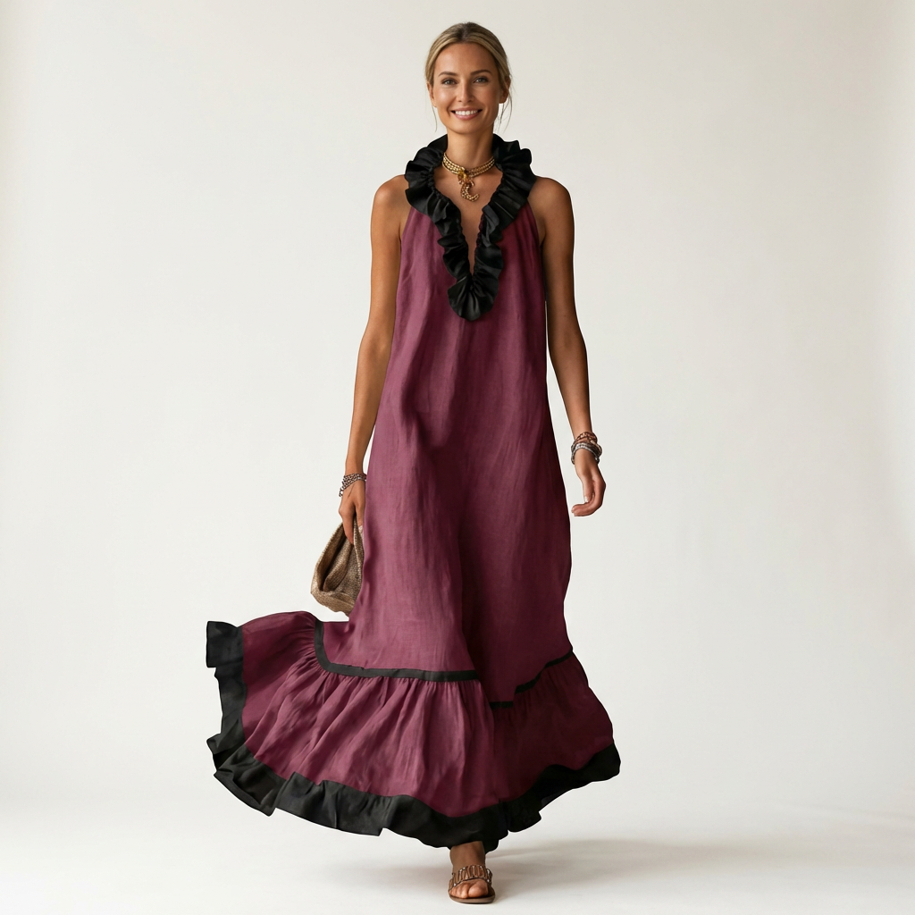 Mayline Sleeveless Maxi Dress with Ruffle-Neckline and Contrast Trim