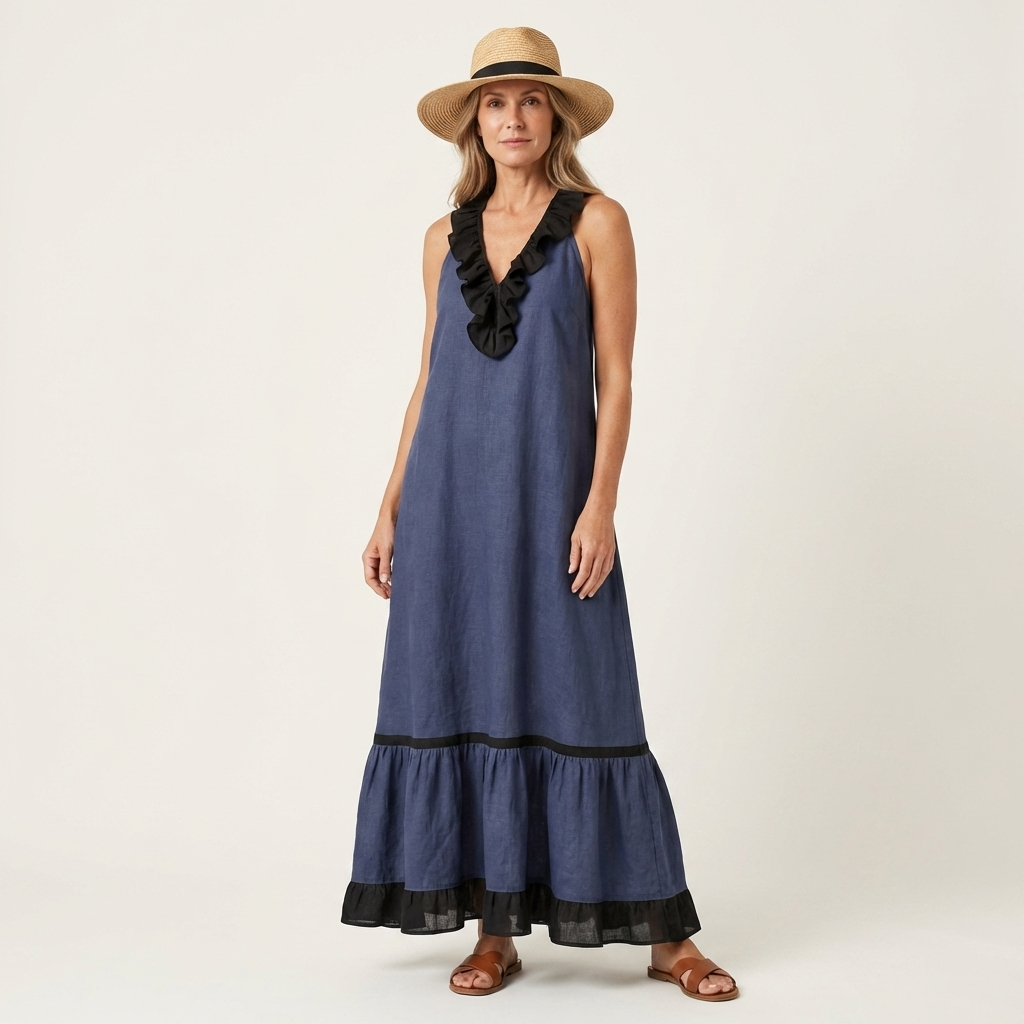 Mayline Sleeveless Maxi Dress with Ruffle-Neckline and Contrast Trim