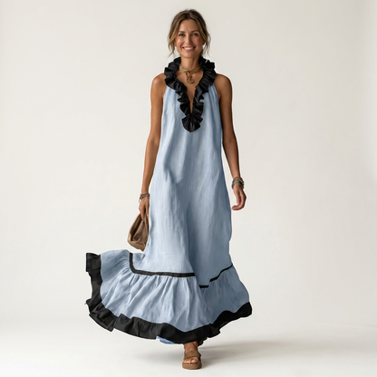 Mayline Sleeveless Maxi Dress with Ruffle-Neckline and Contrast Trim