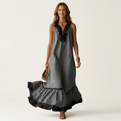 Mayline Sleeveless Maxi Dress with Ruffle-Neckline and Contrast Trim