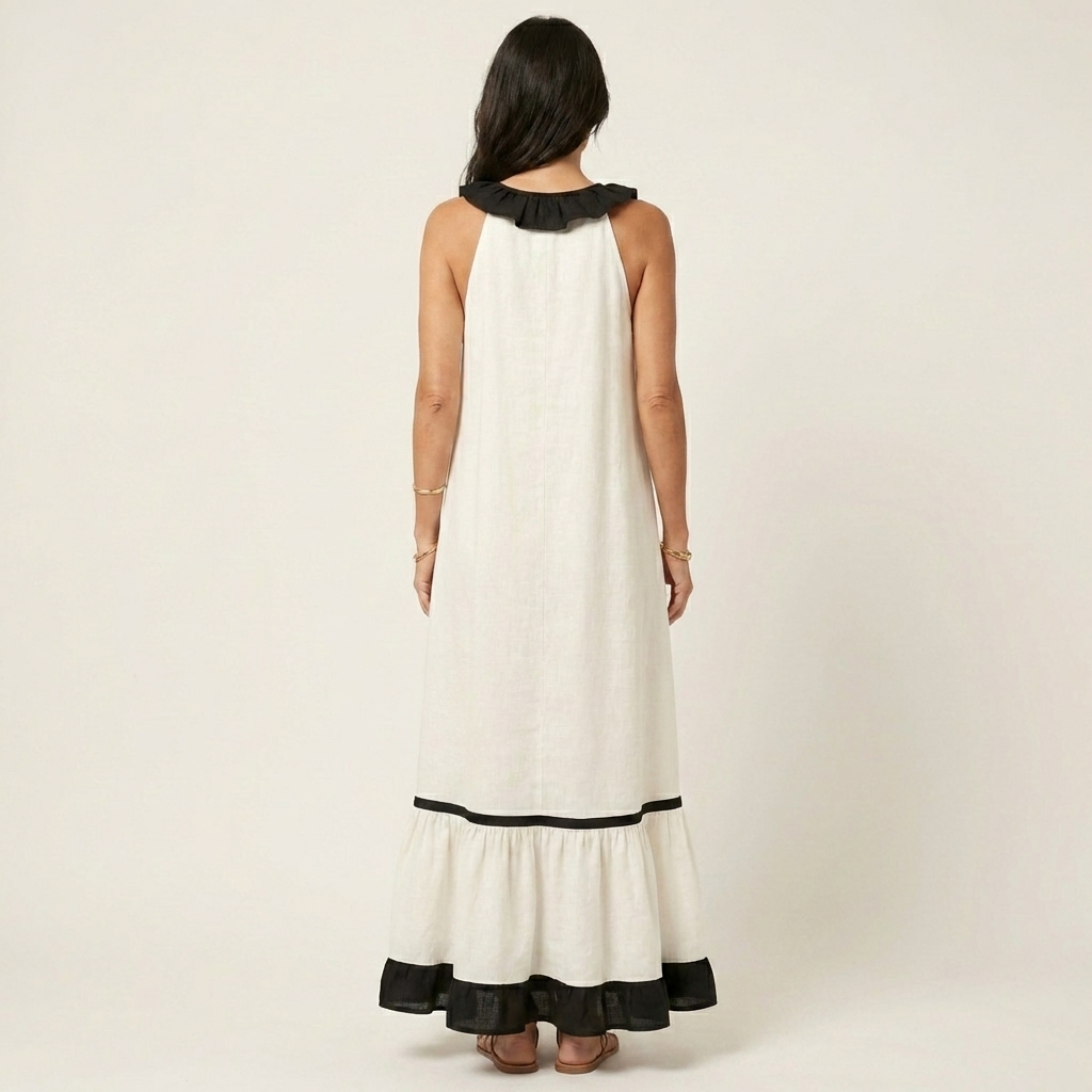 Mayline Sleeveless Maxi Dress with Ruffle-Neckline and Contrast Trim