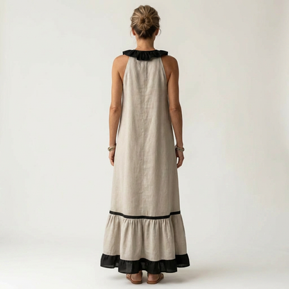 Mayline Sleeveless Maxi Dress with Ruffle-Neckline and Contrast Trim