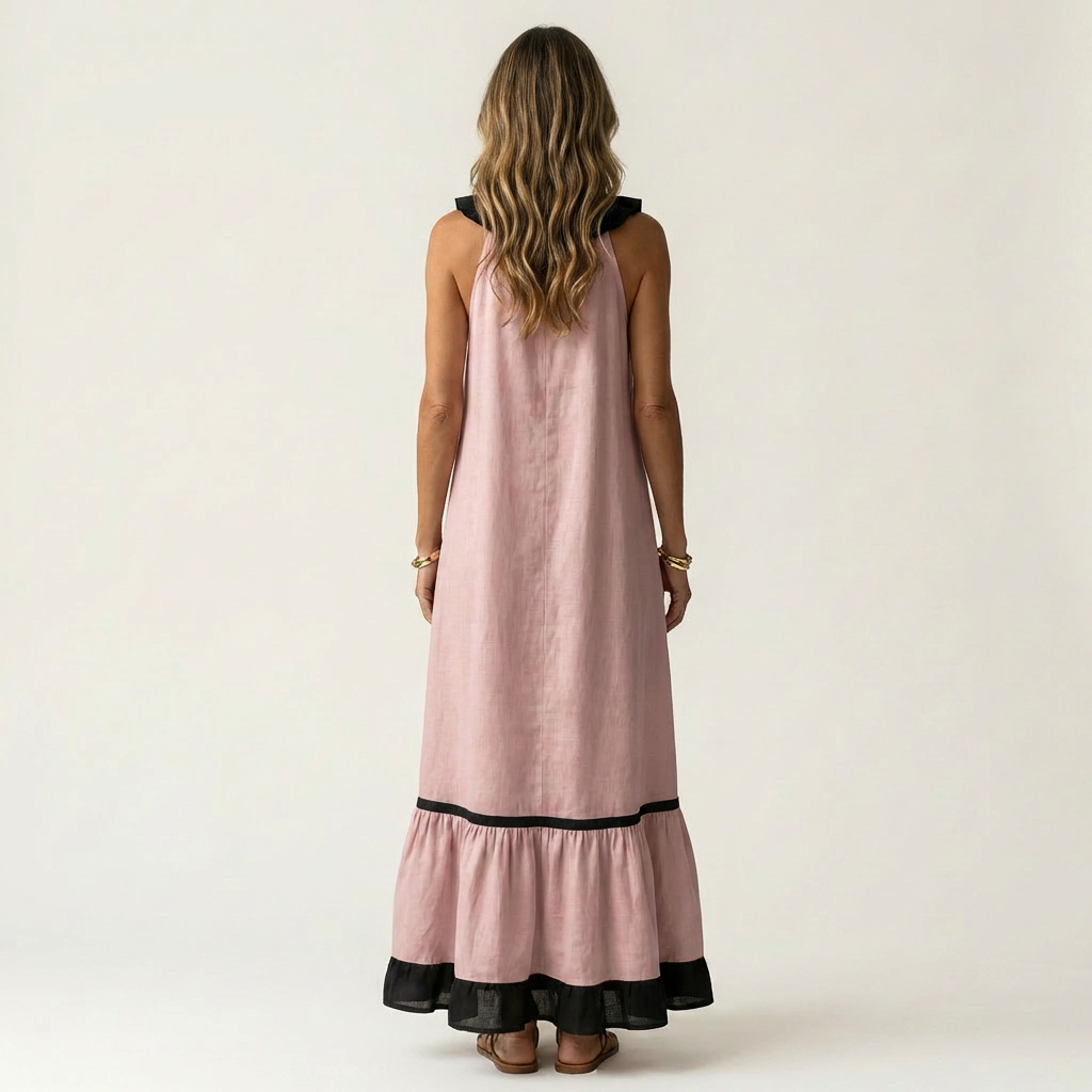 Mayline Sleeveless Maxi Dress with Ruffle-Neckline and Contrast Trim