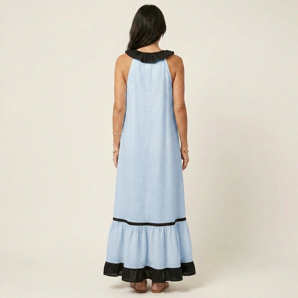 Mayline Sleeveless Maxi Dress with Ruffle-Neckline and Contrast Trim
