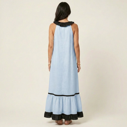 Mayline Sleeveless Maxi Dress with Ruffle-Neckline and Contrast Trim