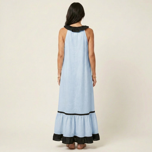 Mayline Sleeveless Maxi Dress with Ruffle-Neckline and Contrast Trim