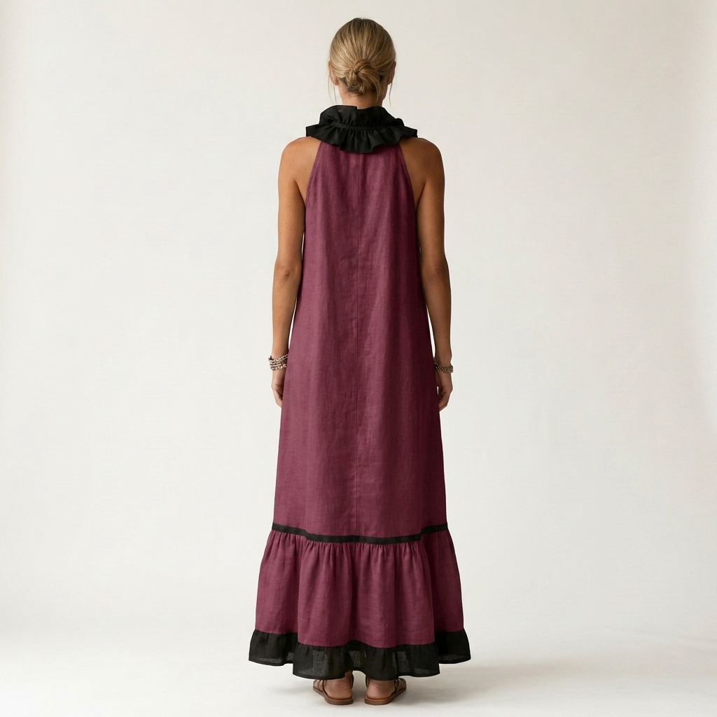 Mayline Sleeveless Maxi Dress with Ruffle-Neckline and Contrast Trim