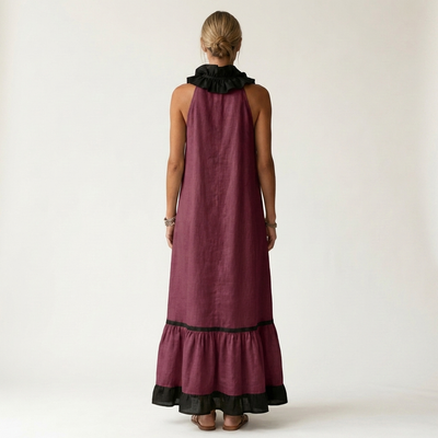 Mayline Sleeveless Maxi Dress with Ruffle-Neckline and Contrast Trim