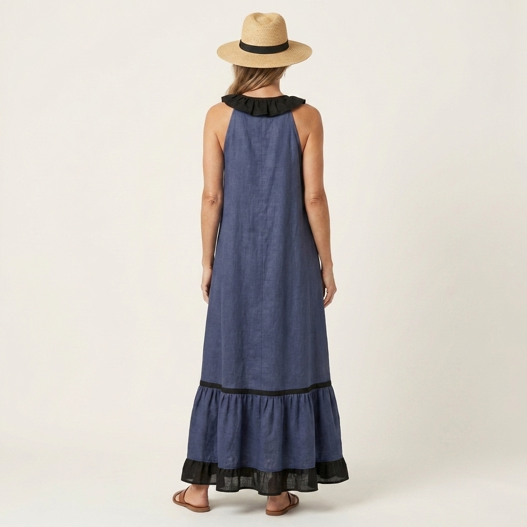 Mayline Sleeveless Maxi Dress with Ruffle-Neckline and Contrast Trim