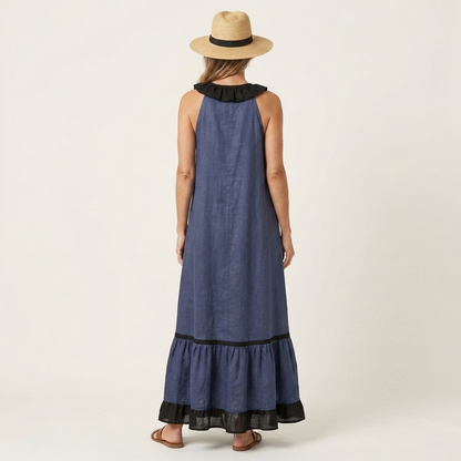 Mayline Sleeveless Maxi Dress with Ruffle-Neckline and Contrast Trim