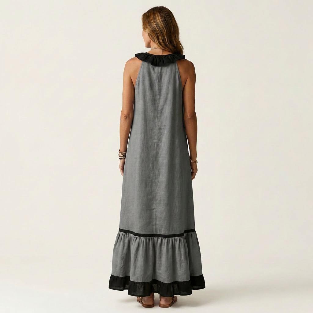 Mayline Sleeveless Maxi Dress with Ruffle-Neckline and Contrast Trim