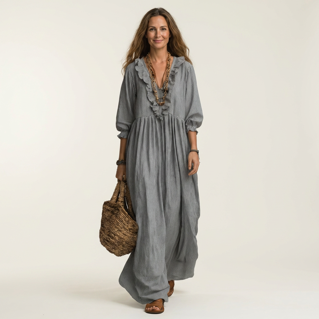 Yosetta Ruffle-V-Neck Striped Lantern-Sleeve Maxi Dress - Effortlessly Chic & Flattering