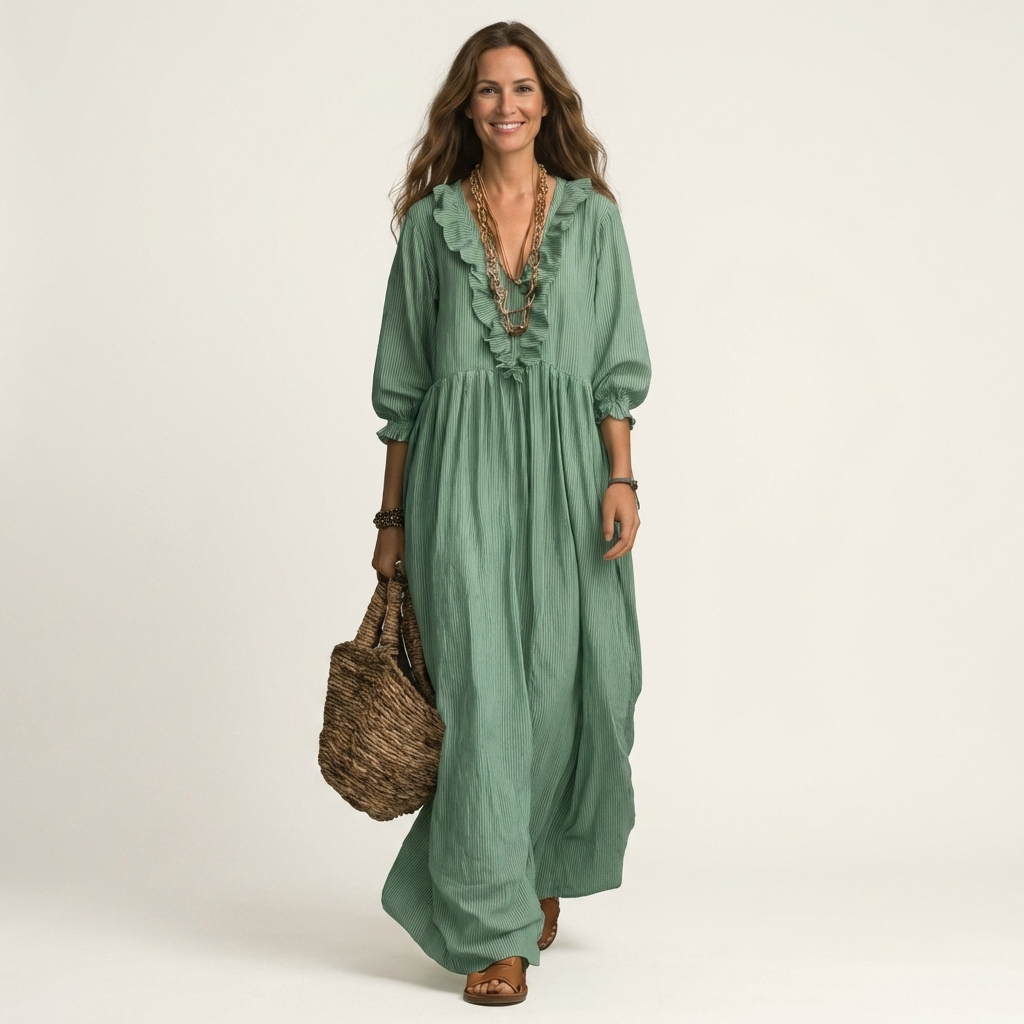Yosetta Ruffle-V-Neck Striped Lantern-Sleeve Maxi Dress - Effortlessly Chic & Flattering