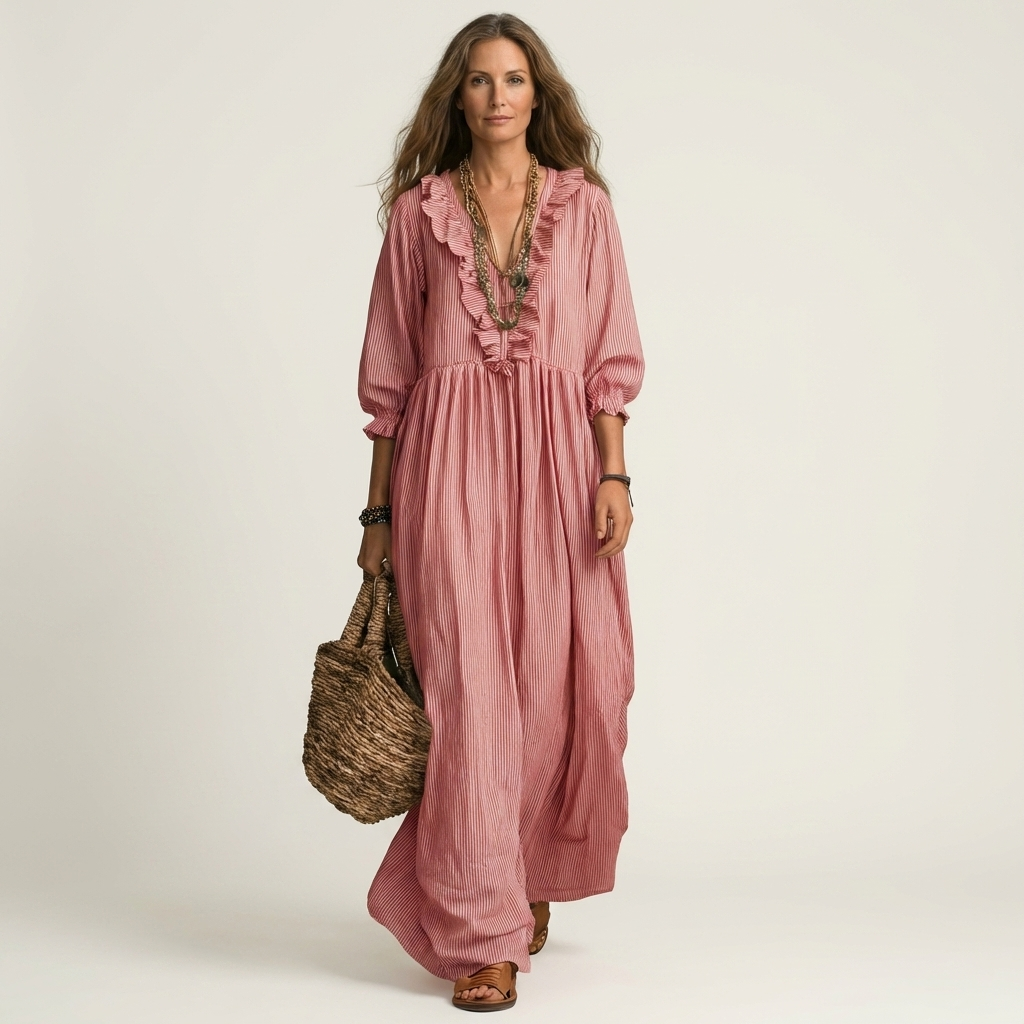 Yosetta Ruffle-V-Neck Striped Lantern-Sleeve Maxi Dress - Effortlessly Chic & Flattering