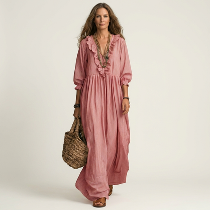 Yosetta Ruffle-V-Neck Striped Lantern-Sleeve Maxi Dress - Effortlessly Chic & Flattering