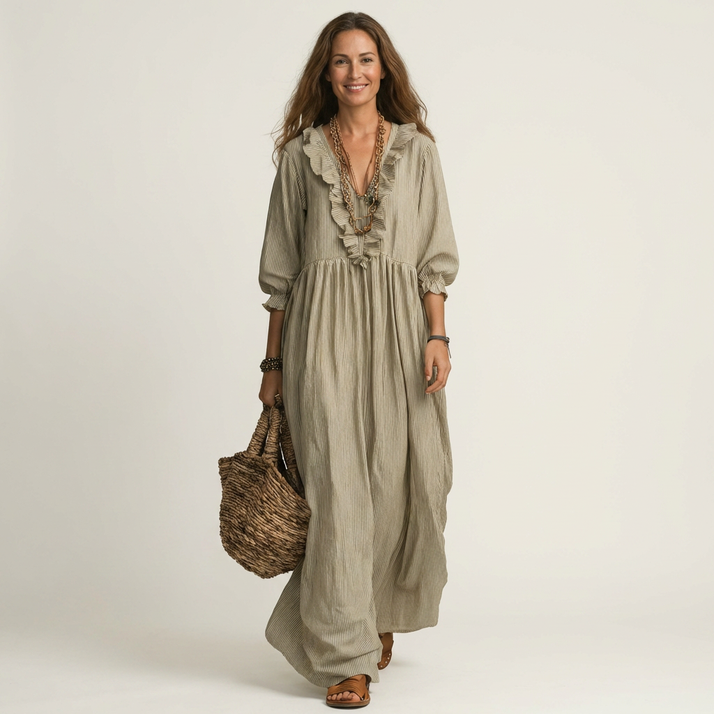 Yosetta Ruffle-V-Neck Striped Lantern-Sleeve Maxi Dress - Effortlessly Chic & Flattering