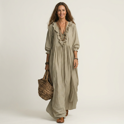 Yosetta Ruffle-V-Neck Striped Lantern-Sleeve Maxi Dress - Effortlessly Chic & Flattering