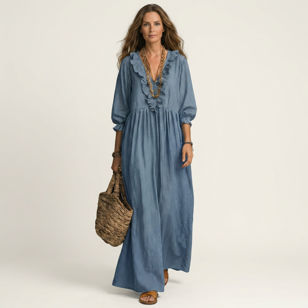 Yosetta Ruffle-V-Neck Striped Lantern-Sleeve Maxi Dress - Effortlessly Chic & Flattering
