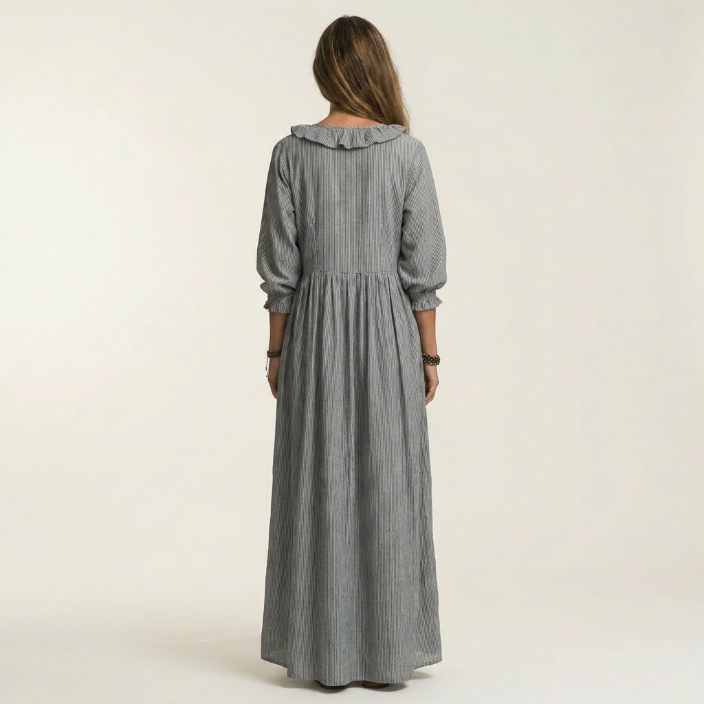 Yosetta Ruffle-V-Neck Striped Lantern-Sleeve Maxi Dress - Effortlessly Chic & Flattering