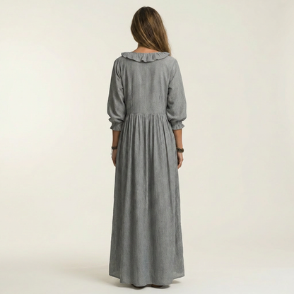 Yosetta Ruffle-V-Neck Striped Lantern-Sleeve Maxi Dress - Effortlessly Chic & Flattering