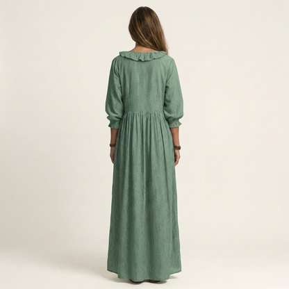 Yosetta Ruffle-V-Neck Striped Lantern-Sleeve Maxi Dress - Effortlessly Chic & Flattering