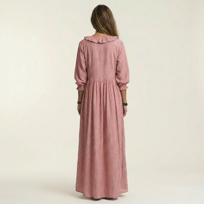 Yosetta Ruffle-V-Neck Striped Lantern-Sleeve Maxi Dress - Effortlessly Chic & Flattering