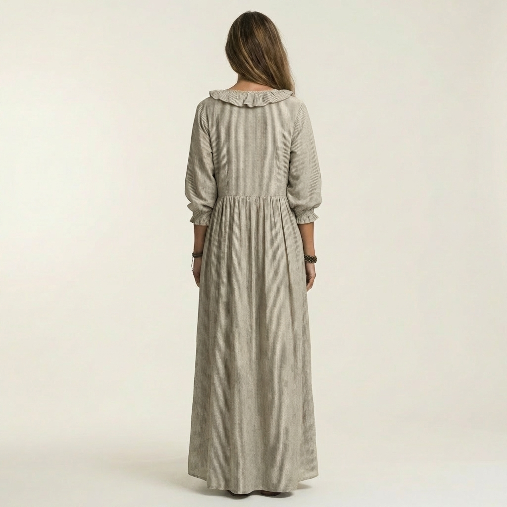 Yosetta Ruffle-V-Neck Striped Lantern-Sleeve Maxi Dress - Effortlessly Chic & Flattering