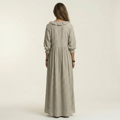 Yosetta Ruffle-V-Neck Striped Lantern-Sleeve Maxi Dress - Effortlessly Chic & Flattering