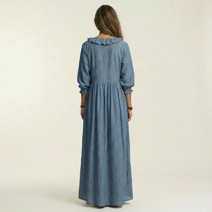 Yosetta Ruffle-V-Neck Striped Lantern-Sleeve Maxi Dress - Effortlessly Chic & Flattering
