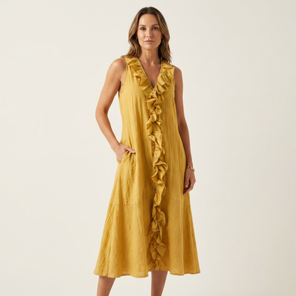 Vicky | Ruffle-Front Linen Maxi Dress with V-Neck and Sleeveless Design