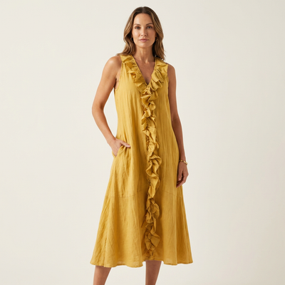 Vicky | Ruffle-Front Linen Maxi Dress with V-Neck and Sleeveless Design