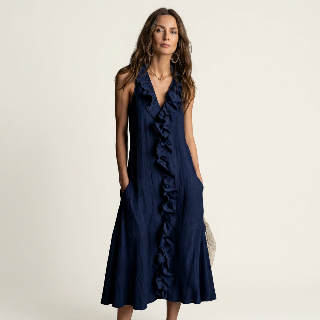 Vicky | Ruffle-Front Linen Maxi Dress with V-Neck and Sleeveless Design