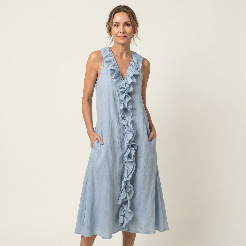 Vicky | Ruffle-Front Linen Maxi Dress with V-Neck and Sleeveless Design