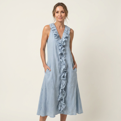 Vicky | Ruffle-Front Linen Maxi Dress with V-Neck and Sleeveless Design