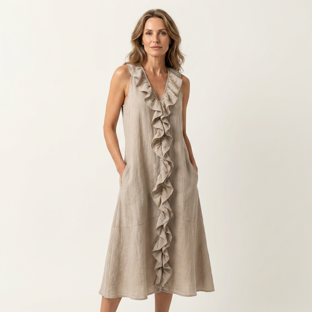 Vicky | Ruffle-Front Linen Maxi Dress with V-Neck and Sleeveless Design
