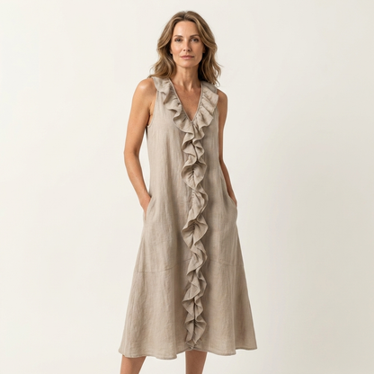 Vicky | Ruffle-Front Linen Maxi Dress with V-Neck and Sleeveless Design