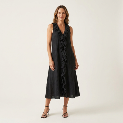 Vicky | Ruffle-Front Linen Maxi Dress with V-Neck and Sleeveless Design