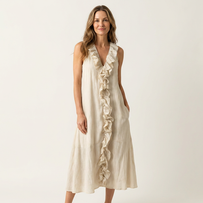 Vicky | Ruffle-Front Linen Maxi Dress with V-Neck and Sleeveless Design