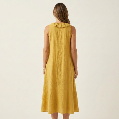 Vicky | Ruffle-Front Linen Maxi Dress with V-Neck and Sleeveless Design