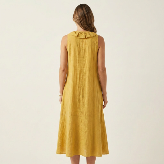 Vicky | Ruffle-Front Linen Maxi Dress with V-Neck and Sleeveless Design
