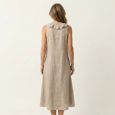 Vicky | Ruffle-Front Linen Maxi Dress with V-Neck and Sleeveless Design