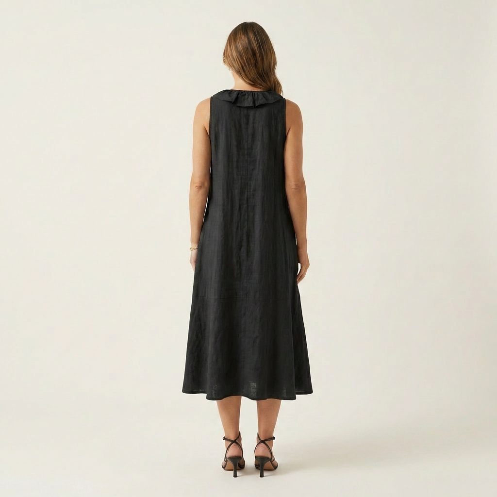 Vicky | Ruffle-Front Linen Maxi Dress with V-Neck and Sleeveless Design